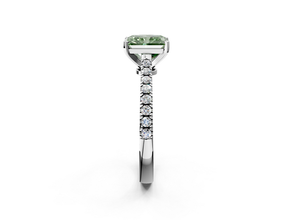 Platinum Fancy Green Radiant  Cut Solitaire Diamond Engagement Ring with Pave Band and Four-Prong Setting