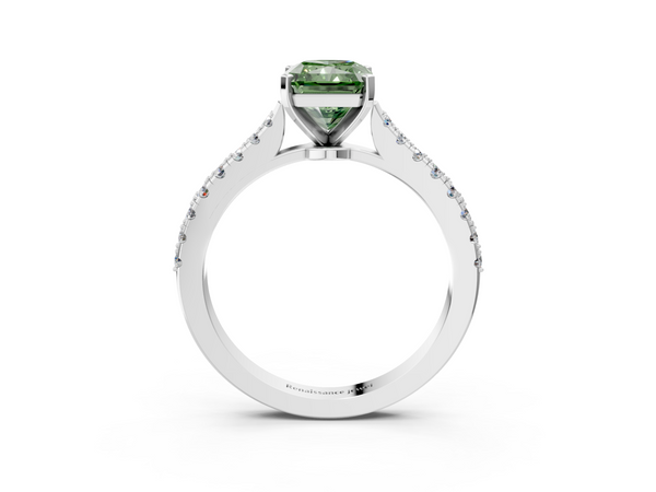 Platinum Fancy Green Radiant  Cut Solitaire Diamond Engagement Ring with Pave Band and Four-Prong Setting