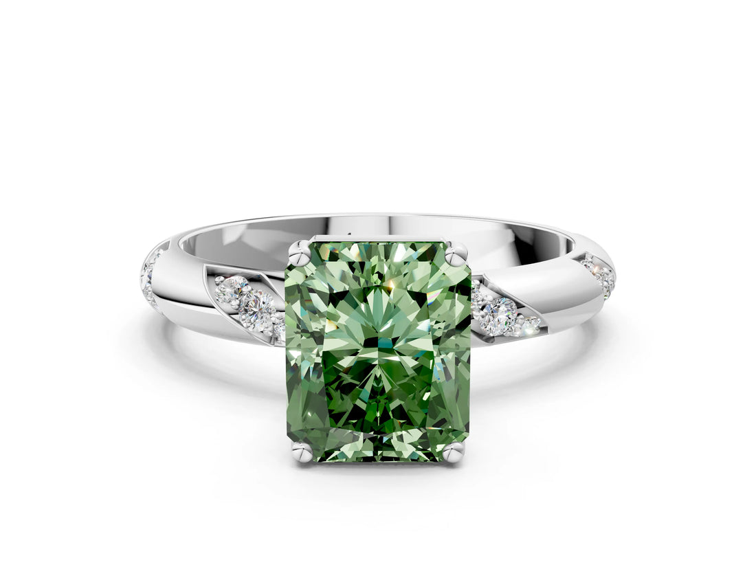 White gold Fancy Green Radiant Cut Solitaire Diamond Engagement Ring with Twisted Pave Band and Four-Prong Setting_73