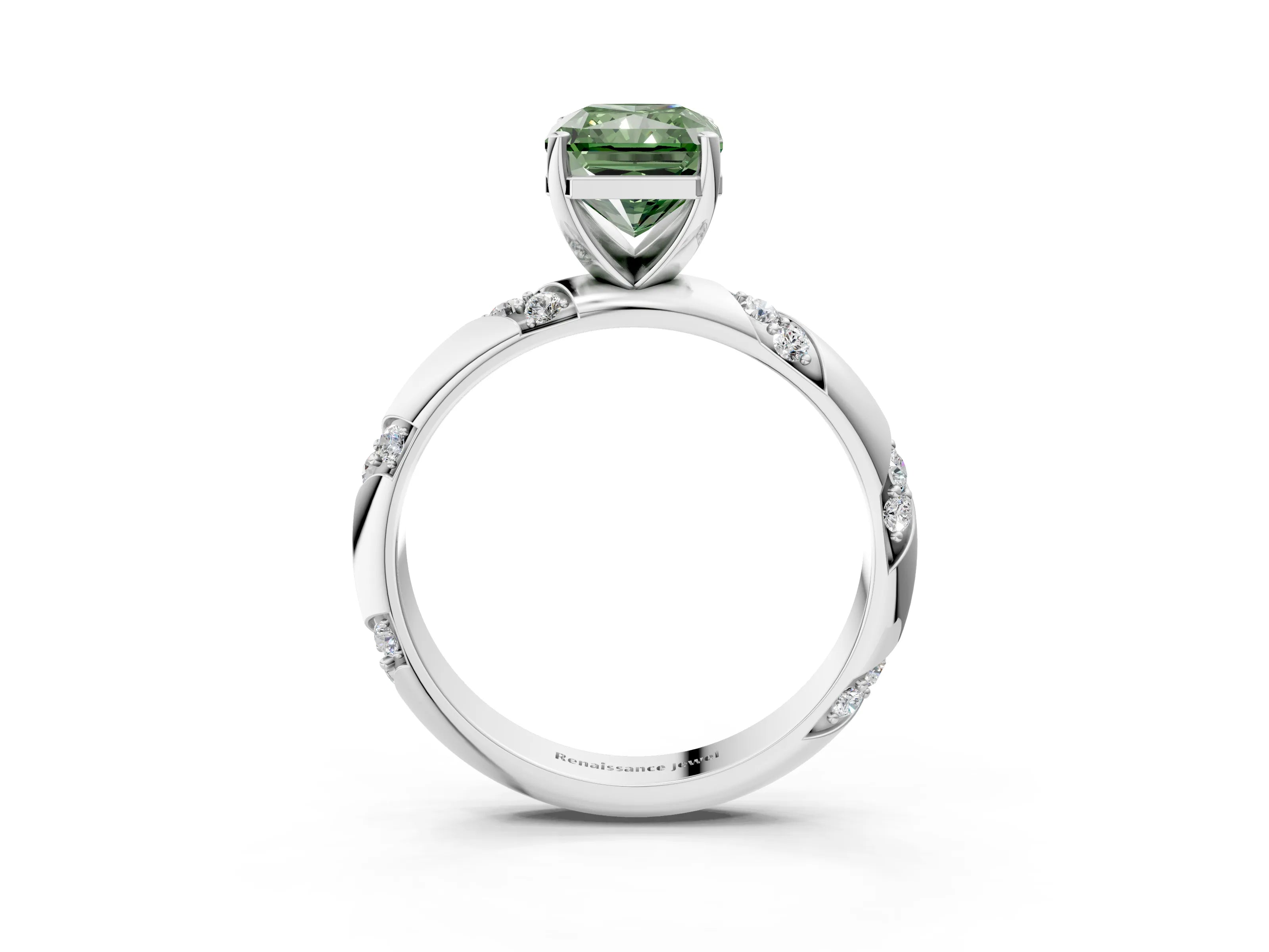 White gold Fancy Green Radiant Cut Solitaire Diamond Engagement Ring with Twisted Pave Band and Four-Prong Setting_76
