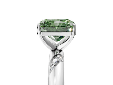 White gold Fancy Green Radiant Cut Solitaire Diamond Engagement Ring with Twisted Pave Band and Four-Prong Setting_78