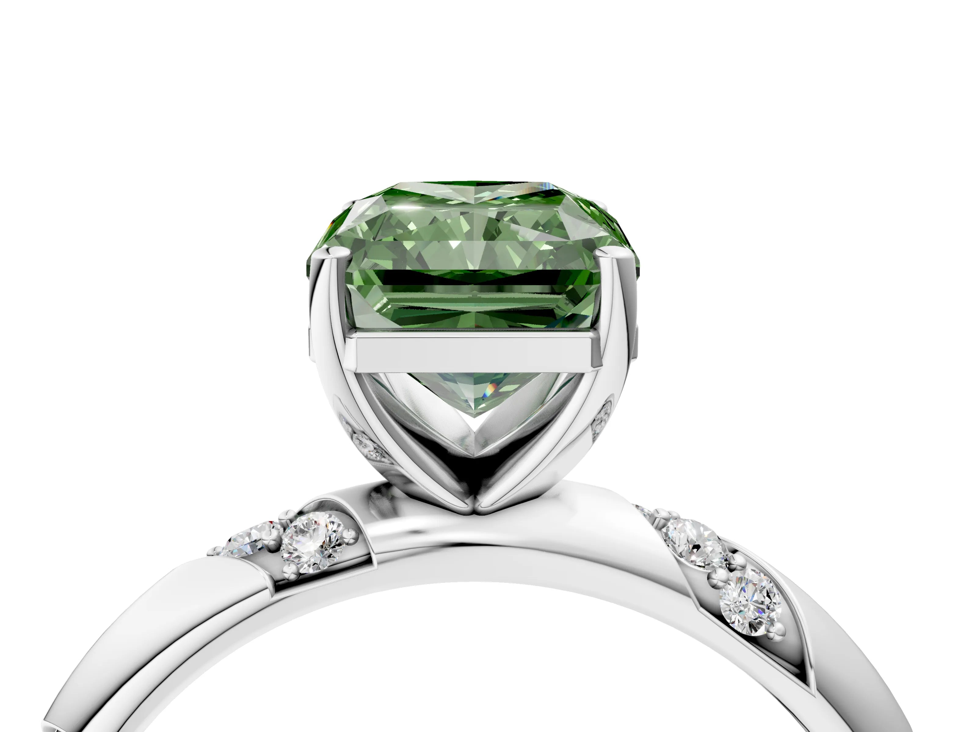 White gold Fancy Green Radiant Cut Solitaire Diamond Engagement Ring with Twisted Pave Band and Four-Prong Setting_95