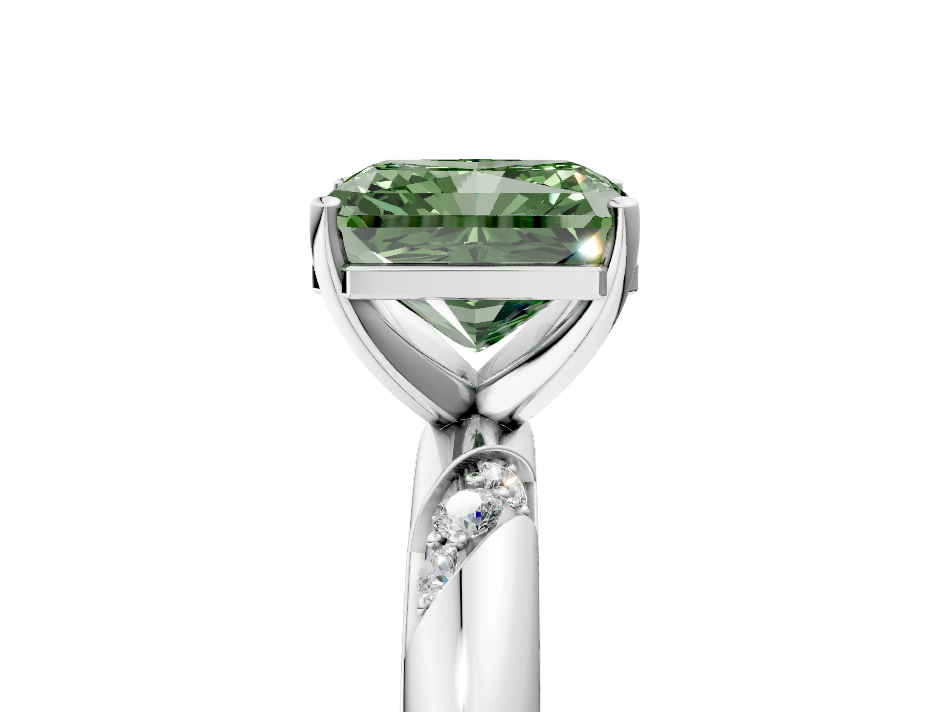 White gold Fancy Green Radiant Cut Solitaire Diamond Engagement Ring with Twisted Pave Band and Four-Prong Setting_96