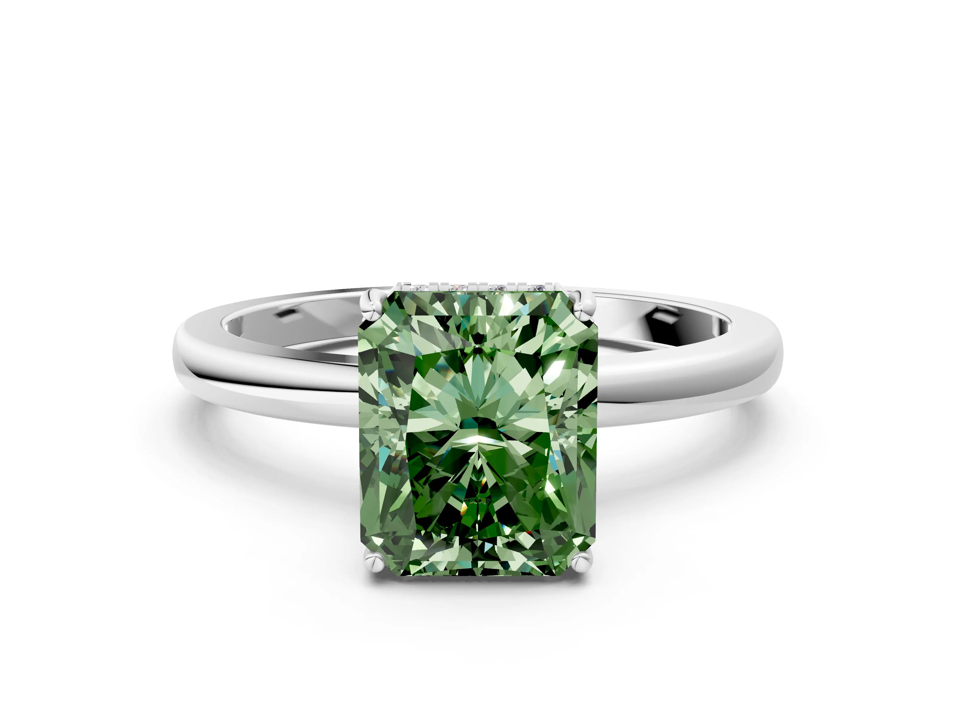 White gold Fancy Green Radiant Cut Solitaire Diamond Ring with Prong Setting and Plain Band_12