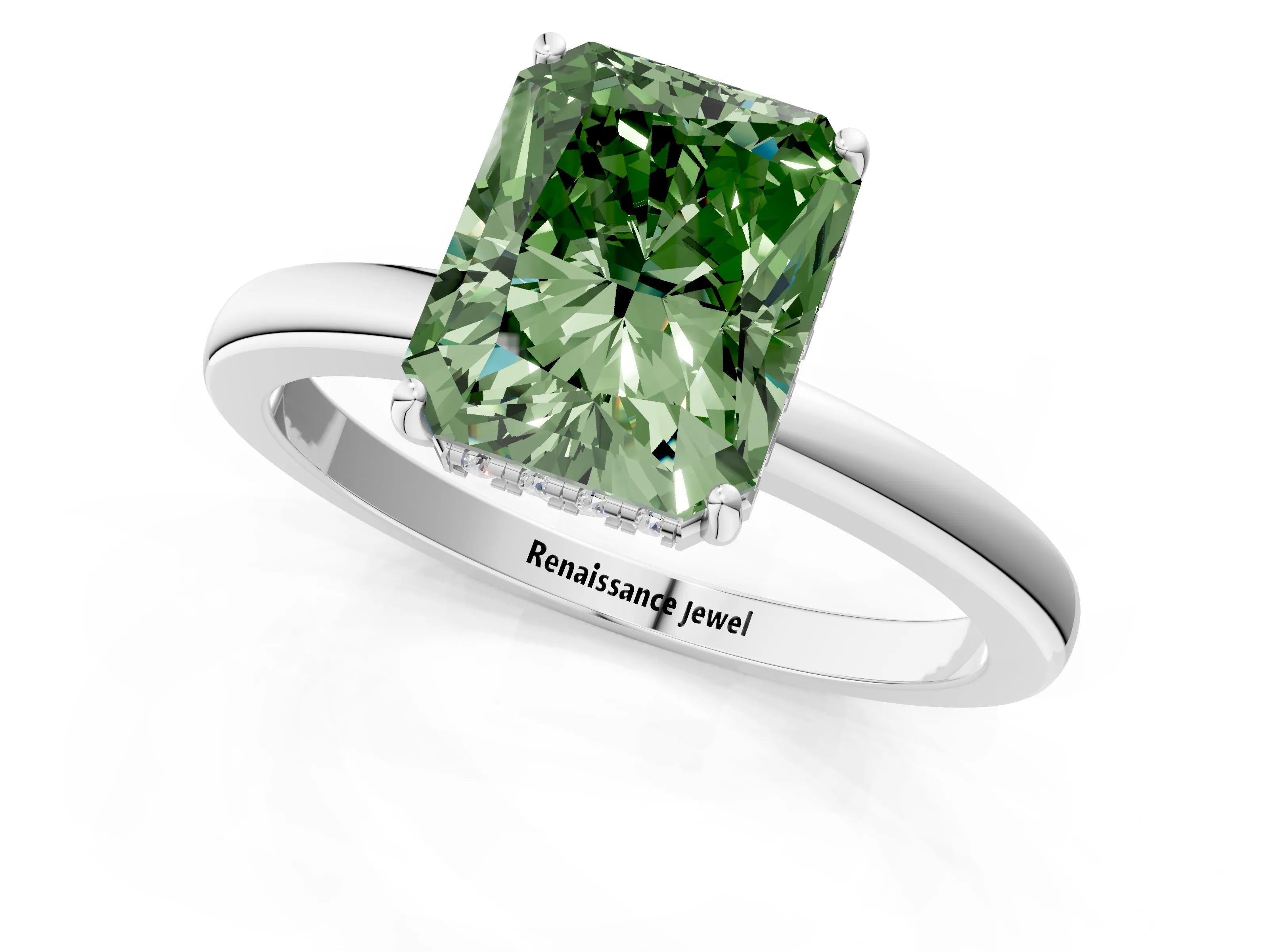 White gold Fancy Green Radiant Cut Solitaire Diamond Ring with Prong Setting and Plain Band_13