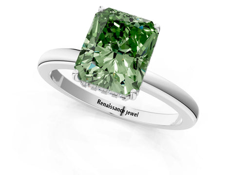 White gold Fancy Green Radiant Cut Solitaire Diamond Ring with Prong Setting and Plain Band_13