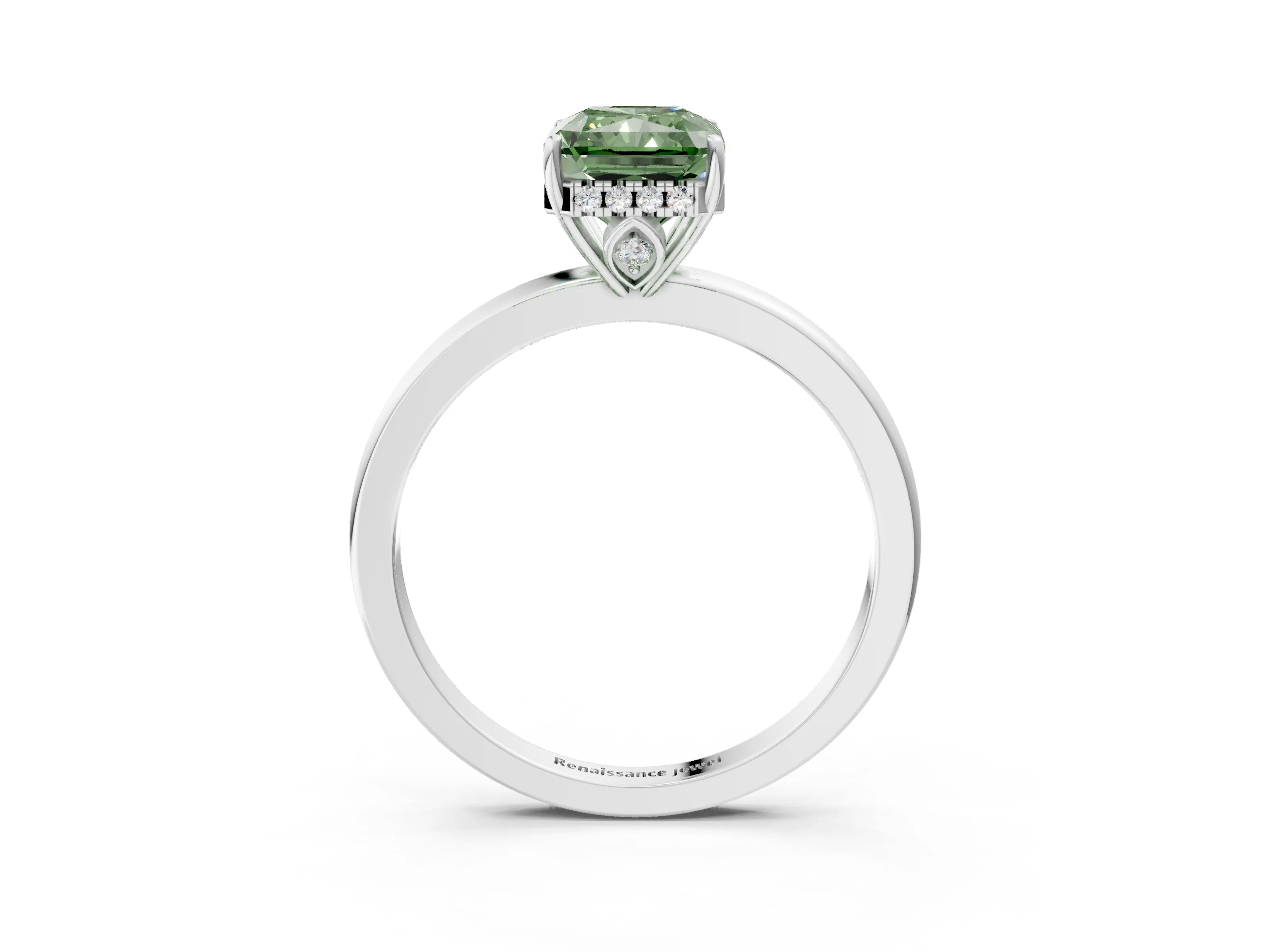 White gold Fancy Green Radiant Cut Solitaire Diamond Ring with Prong Setting and Plain Band_15