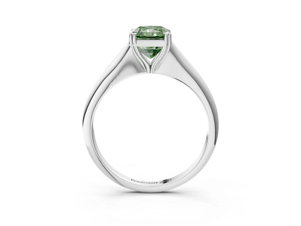 Platinum Fancy Green Radiant Cut Solitaire Diamond Ring with Six-Prong Setting and Classic Band