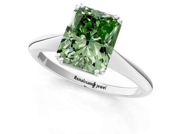 Platinum Fancy Green Radiant Cut Solitaire Diamond Ring with Six-Prong Setting and Classic Band
