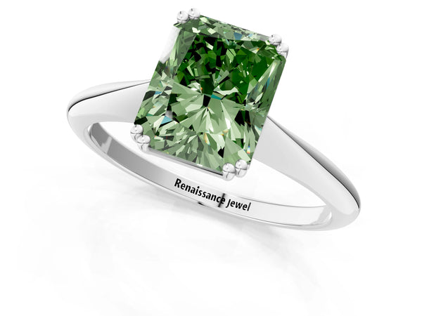 Platinum Fancy Green Radiant Cut Solitaire Diamond Ring with Six-Prong Setting and Classic Band