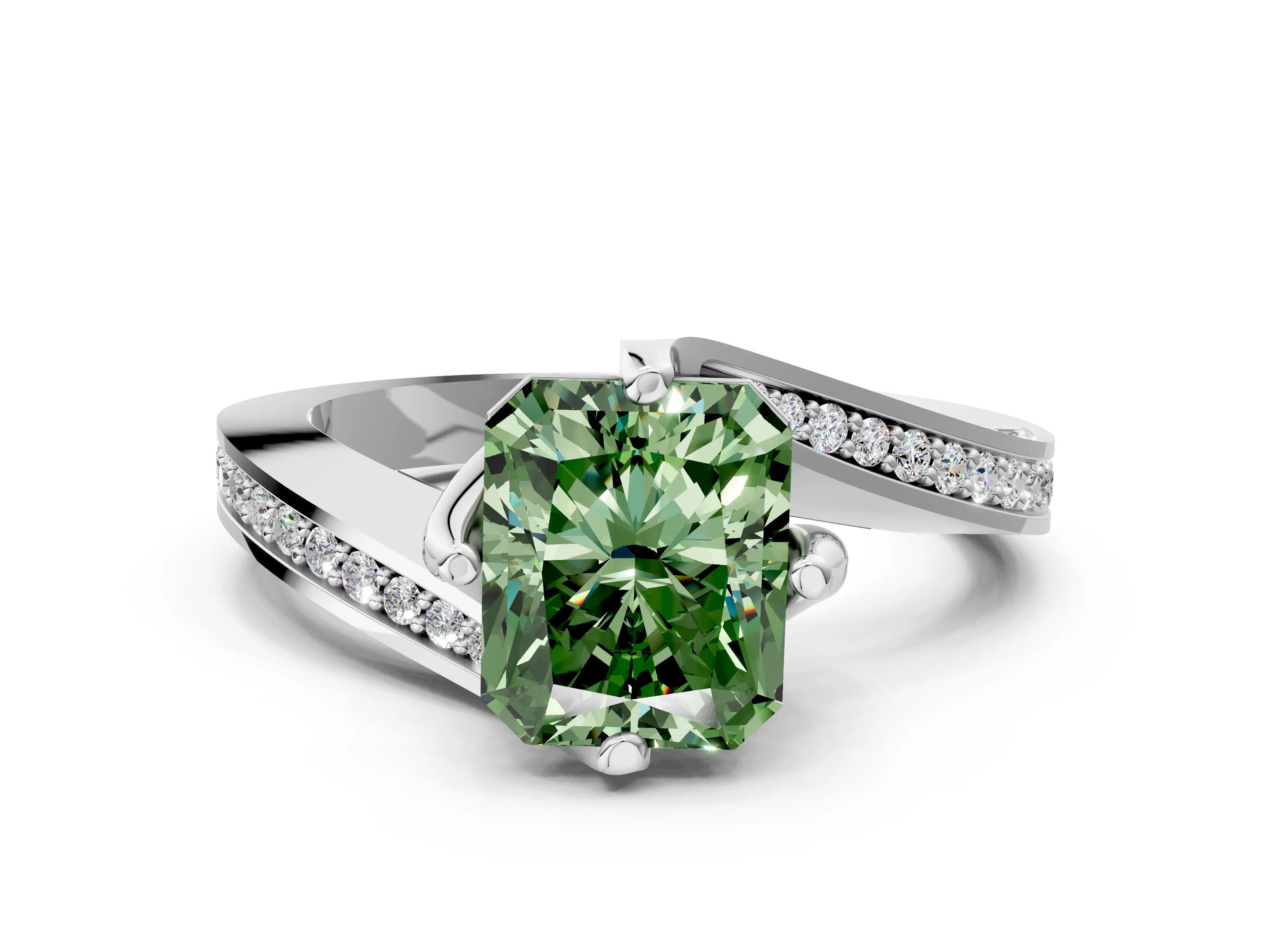 White gold Fancy Green Radiant Cut Solitaire Diamond Twist Band with Pavé Setting and Four-Prong Setting