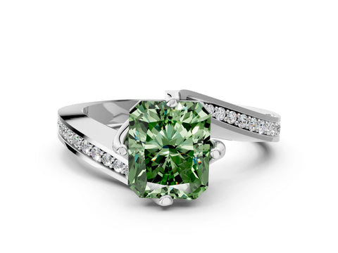 White gold Fancy Green Radiant Cut Solitaire Diamond Twist Band with Pavé Setting and Four-Prong Setting_12
