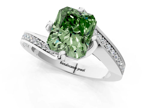 White gold Fancy Green Radiant Cut Solitaire Diamond Twist Band with Pavé Setting and Four-Prong Setting_13