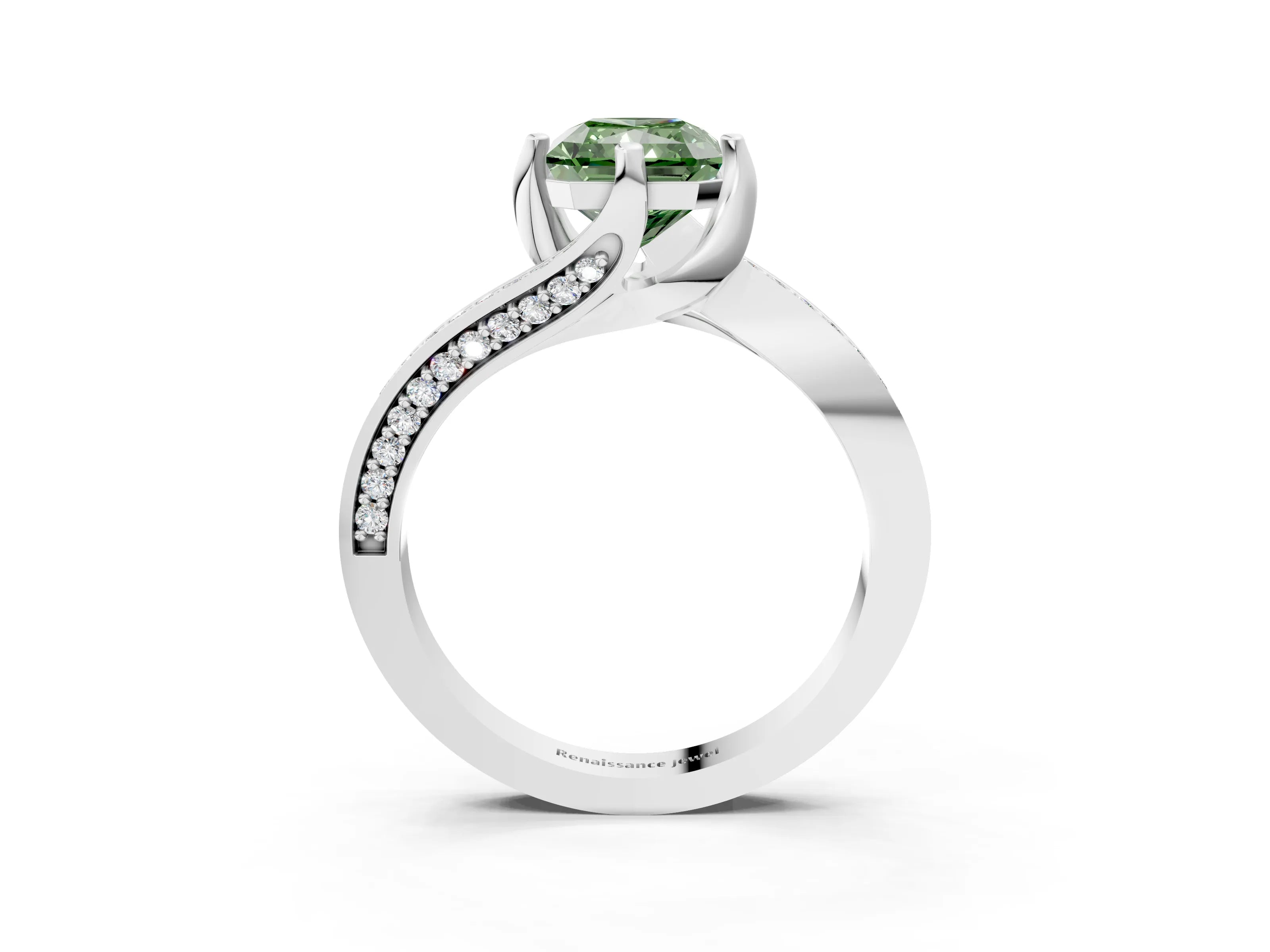 White gold Fancy Green Radiant Cut Solitaire Diamond Twist Band with Pavé Setting and Four-Prong Setting_15