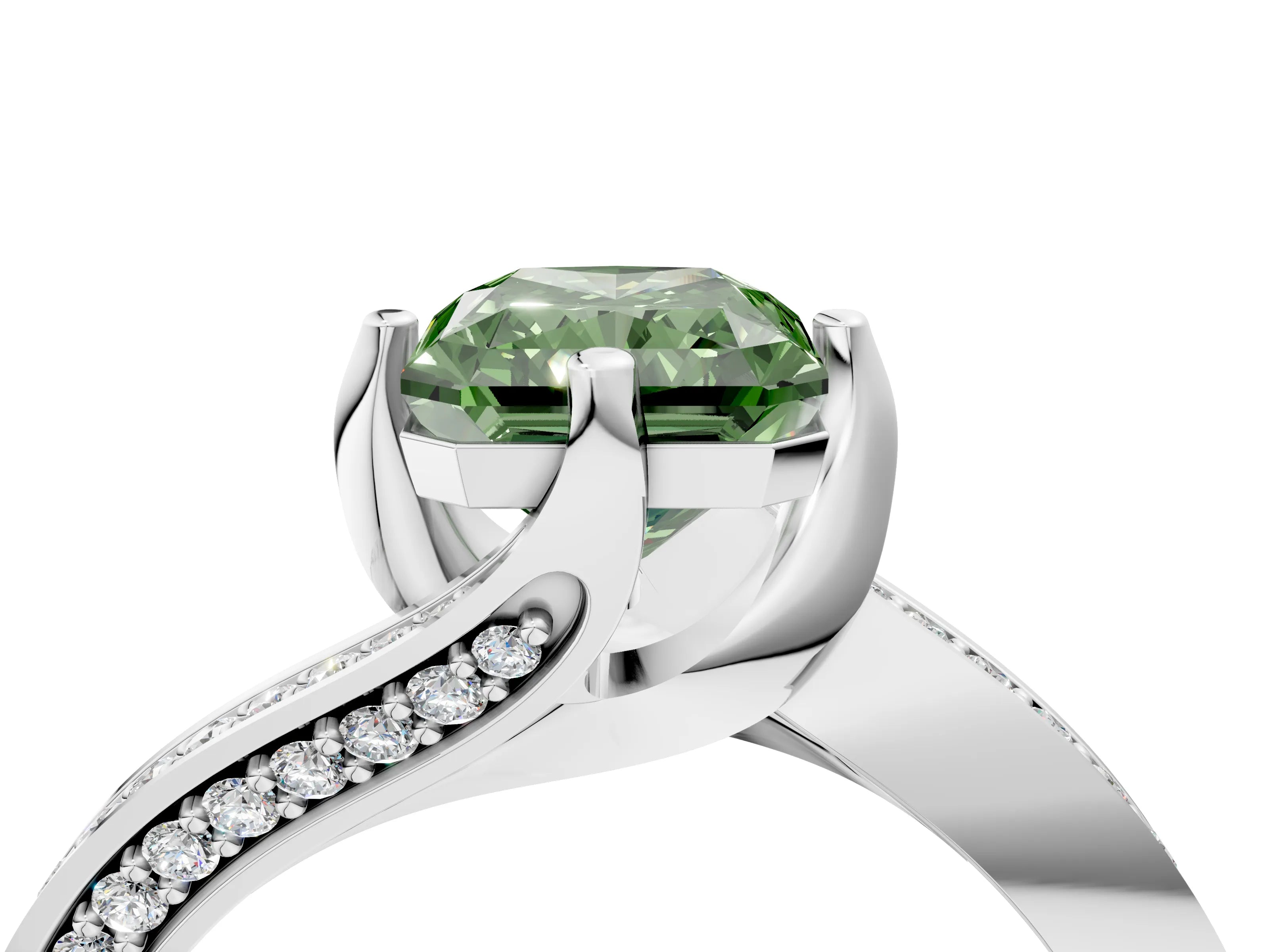 White gold Fancy Green Radiant Cut Solitaire Diamond Twist Band with Pavé Setting and Four-Prong Setting_16