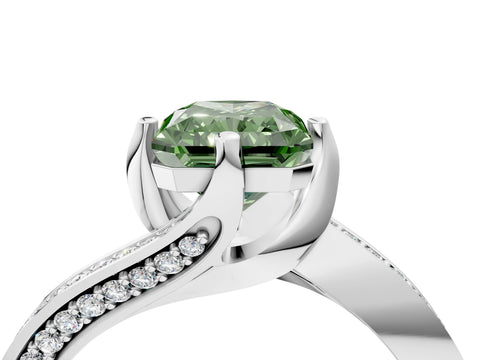 White gold Fancy Green Radiant Cut Solitaire Diamond Twist Band with Pavé Setting and Four-Prong Setting_16