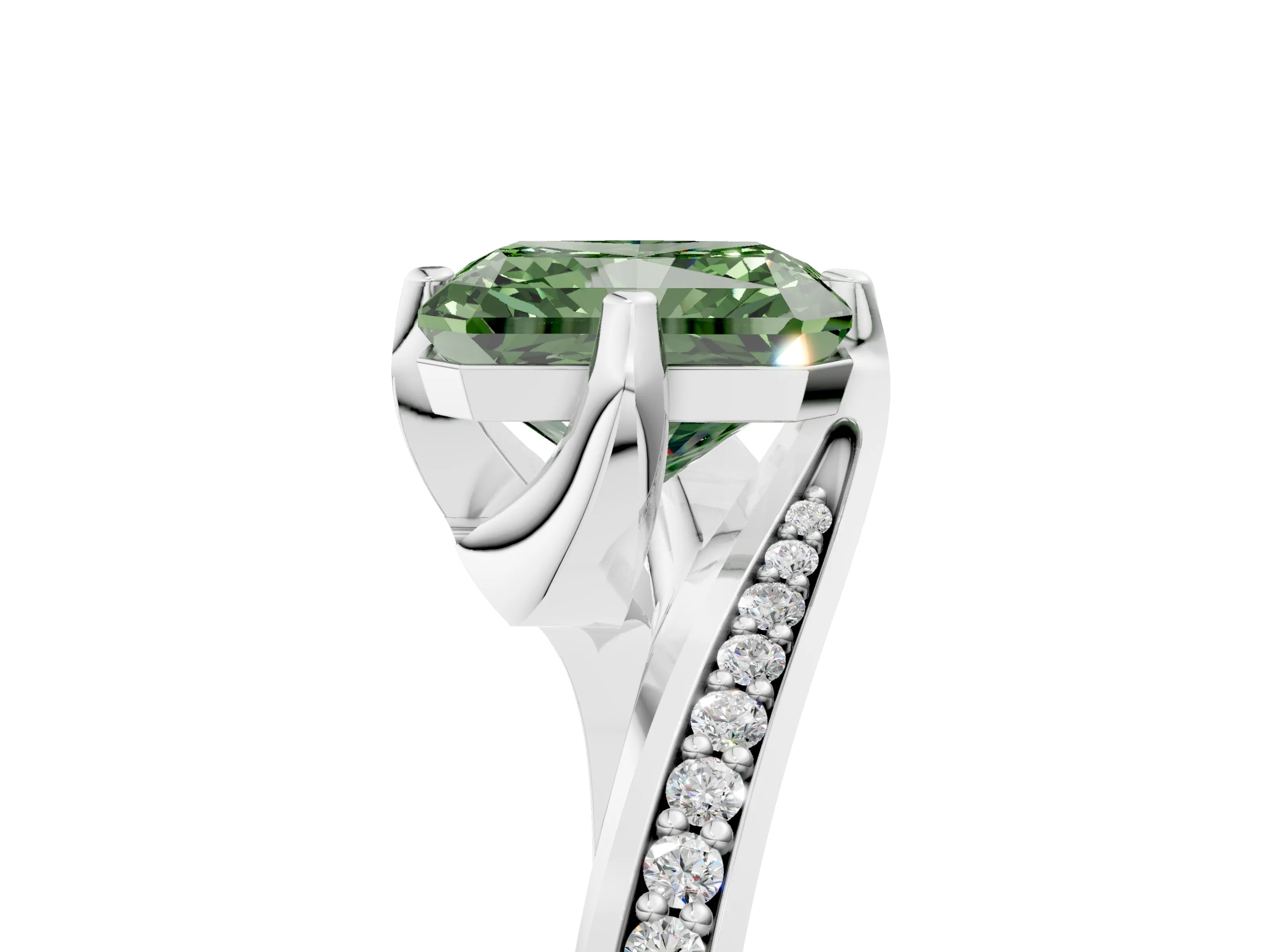 White gold Fancy Green Radiant Cut Solitaire Diamond Twist Band with Pavé Setting and Four-Prong Setting_17