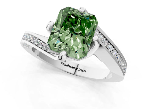 White gold Fancy Green Radiant Cut Solitaire Diamond Twist Band with Pavé Setting and Four-Prong Setting_1