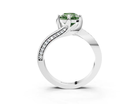 White gold Fancy Green Radiant Cut Solitaire Diamond Twist Band with Pavé Setting and Four-Prong Setting_3