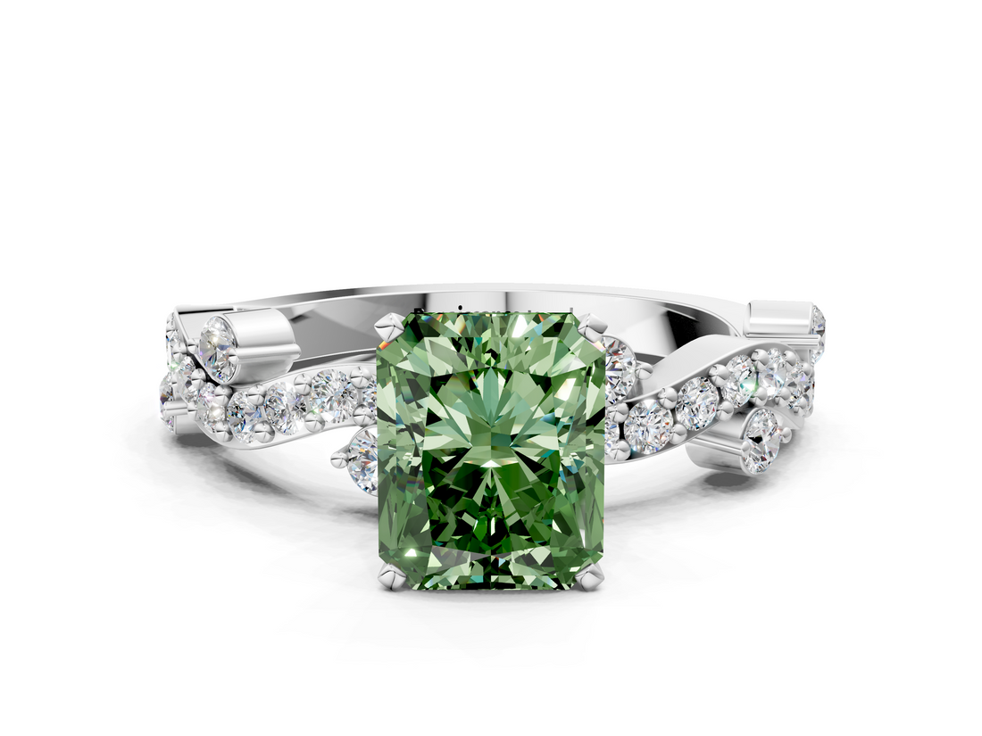 White gold Fancy Green Radiant  Cut Solitaire Diamond Twisted Band with Pave Setting_42