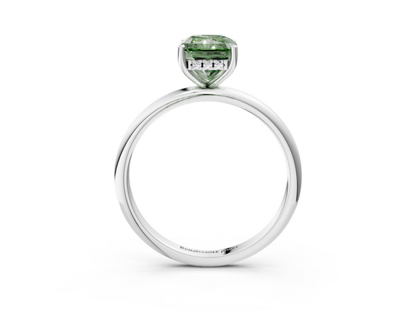 Platinum Fancy Green Radiant  Cut Solitaire Engagement Ring with Four-Prong Setting and Classic Band