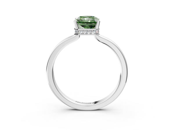 Platinum Fancy Green Radiant  Cut Solitaire Engagement Ring with Four-Prong Setting on a Classic Band