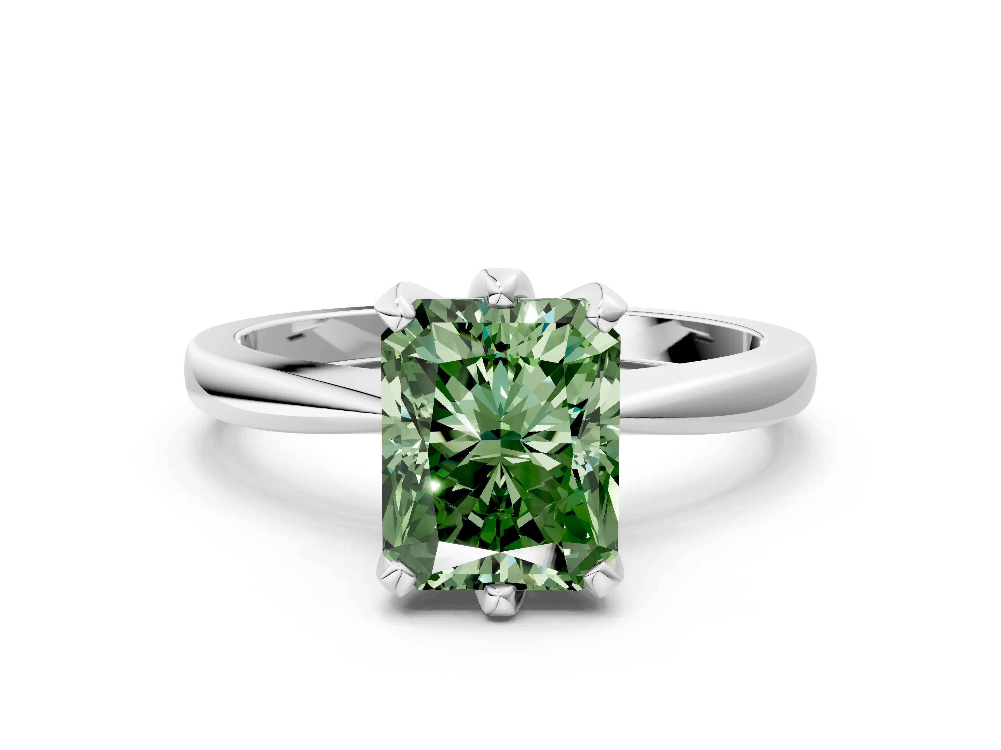 White gold Fancy Green Radiant Cut Solitaire Engagement Ring with Six-Prong Setting and Tapered Band