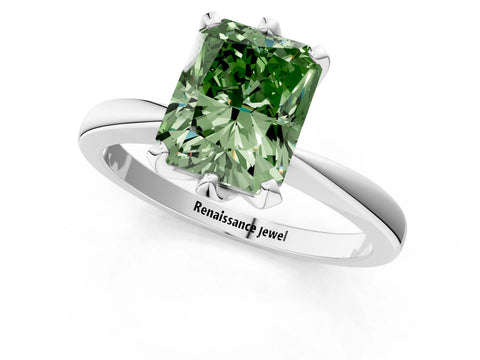 White gold Fancy Green Radiant Cut Solitaire Engagement Ring with Six-Prong Setting and Tapered Band_1