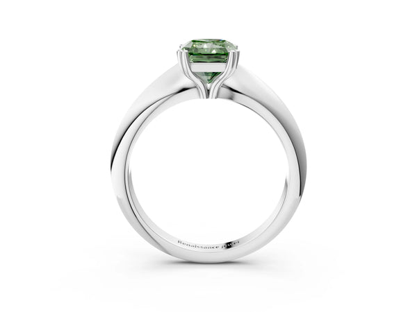 White gold Fancy Green Radiant  Cut Solitaire Engagement Ring with Tapered Band and Four-Prong Setting
