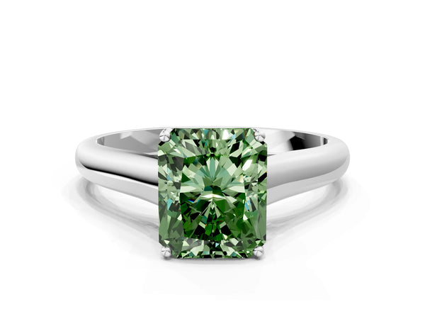 Platinum Fancy Green Radiant Cut Solitaire Engagement Ring with Tapered Band and Four-Prong Setting