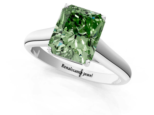 Platinum Fancy Green Radiant Cut Solitaire Engagement Ring with Tapered Band and Four-Prong Setting