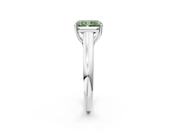 Platinum Fancy Green Radiant Cut Solitaire Engagement Ring with Tapered Band and Four-Prong Setting
