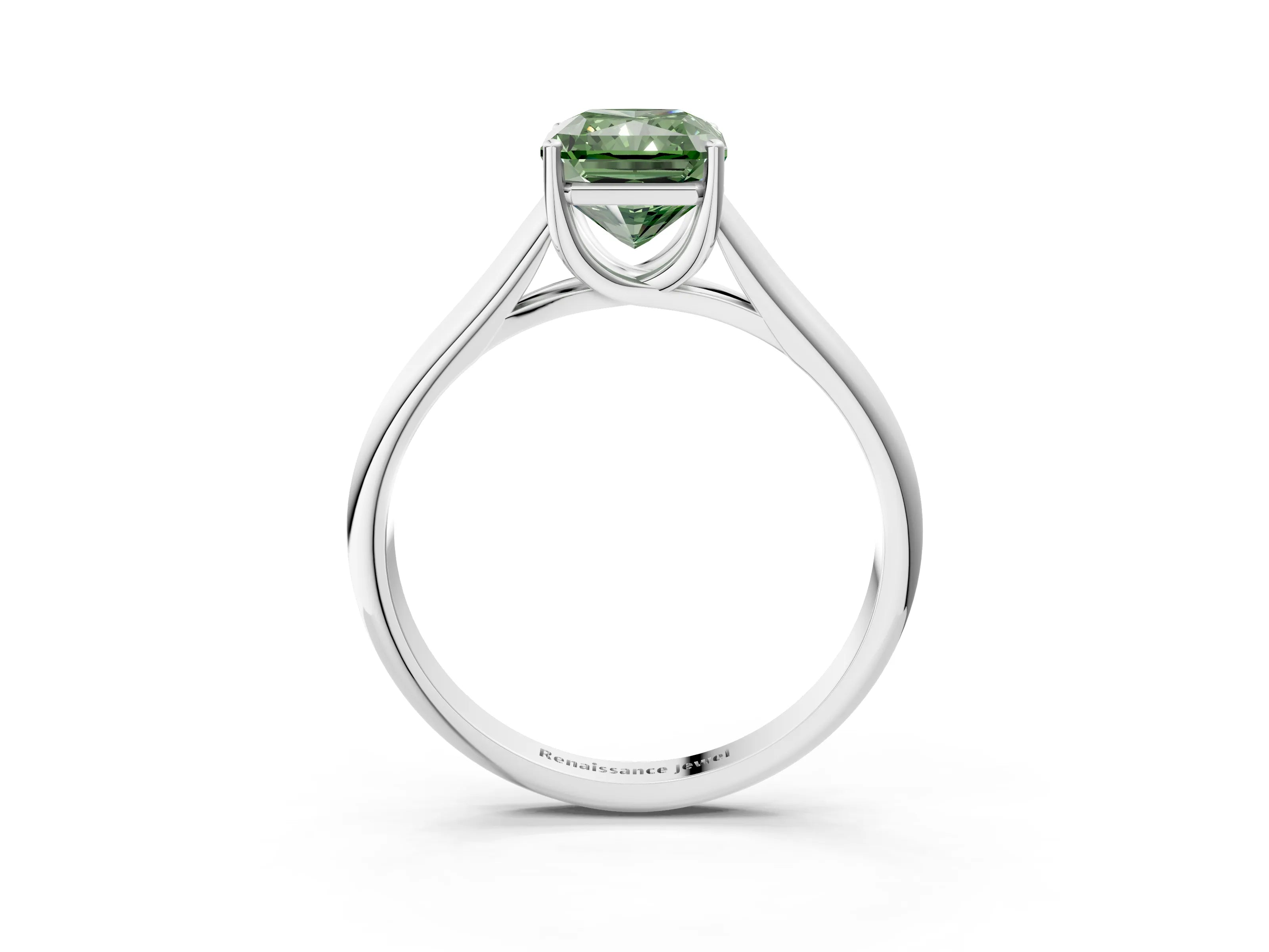 White gold Fancy Green Radiant Cut Solitaire Engagement Ring with Tapered Band and Four-Prong Setting_18