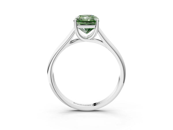 Platinum Fancy Green Radiant Cut Solitaire Engagement Ring with Tapered Band and Four-Prong Setting