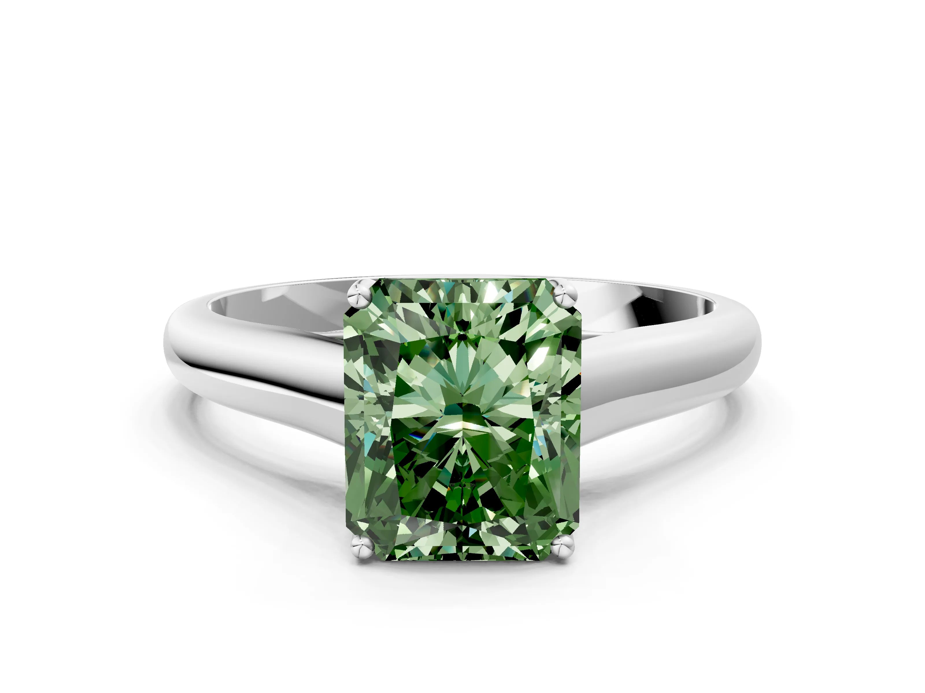White gold Fancy Green Radiant Cut Solitaire Engagement Ring with Tapered Band and Four-Prong Setting_3