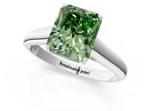 White gold Fancy Green Radiant Cut Solitaire Engagement Ring with Tapered Band and Four-Prong Setting_4