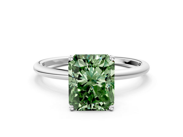 Platinum Fancy Green Radiant  Cut Solitaire Engagement Ring with Thin Band and Four-Prong Setting