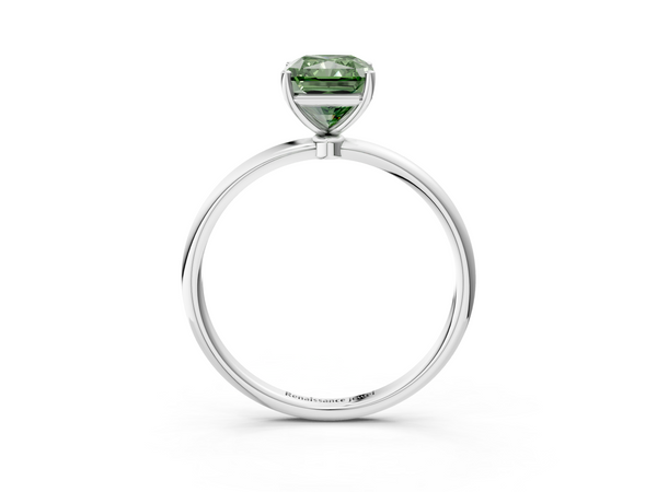 Platinum Fancy Green Radiant  Cut Solitaire Engagement Ring with Thin Band and Four-Prong Setting