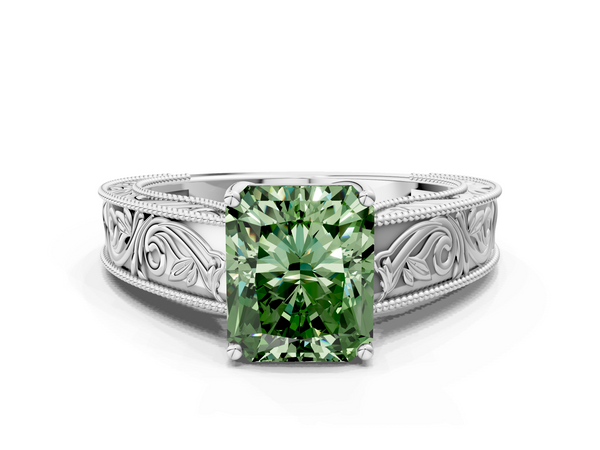 White gold Fancy Green Radiant Cut Diamond Solitaire Ring with Engraved Band and Four-Prong Setting