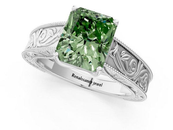 White gold Fancy Green Radiant Cut Diamond Solitaire Ring with Engraved Band and Four-Prong Setting