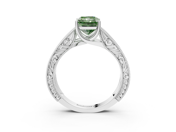 White gold Fancy Green Radiant Cut Diamond Solitaire Ring with Engraved Band and Four-Prong Setting