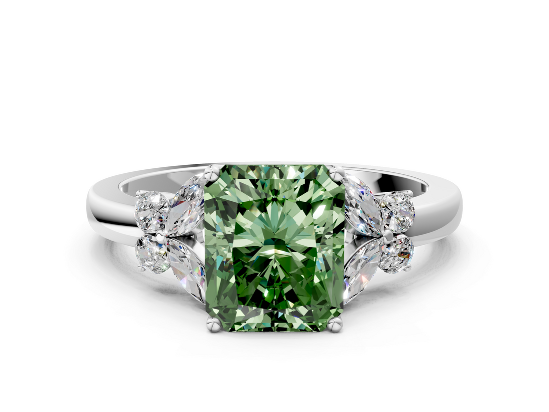 White gold Fancy Green Radiant  Cut Solitaire Floral Diamond Ring with Four-Prong Setting_37