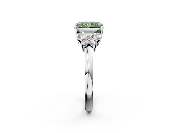 Platinum Fancy Green Radiant  Cut Solitaire Floral Diamond Ring with Four-Prong Setting