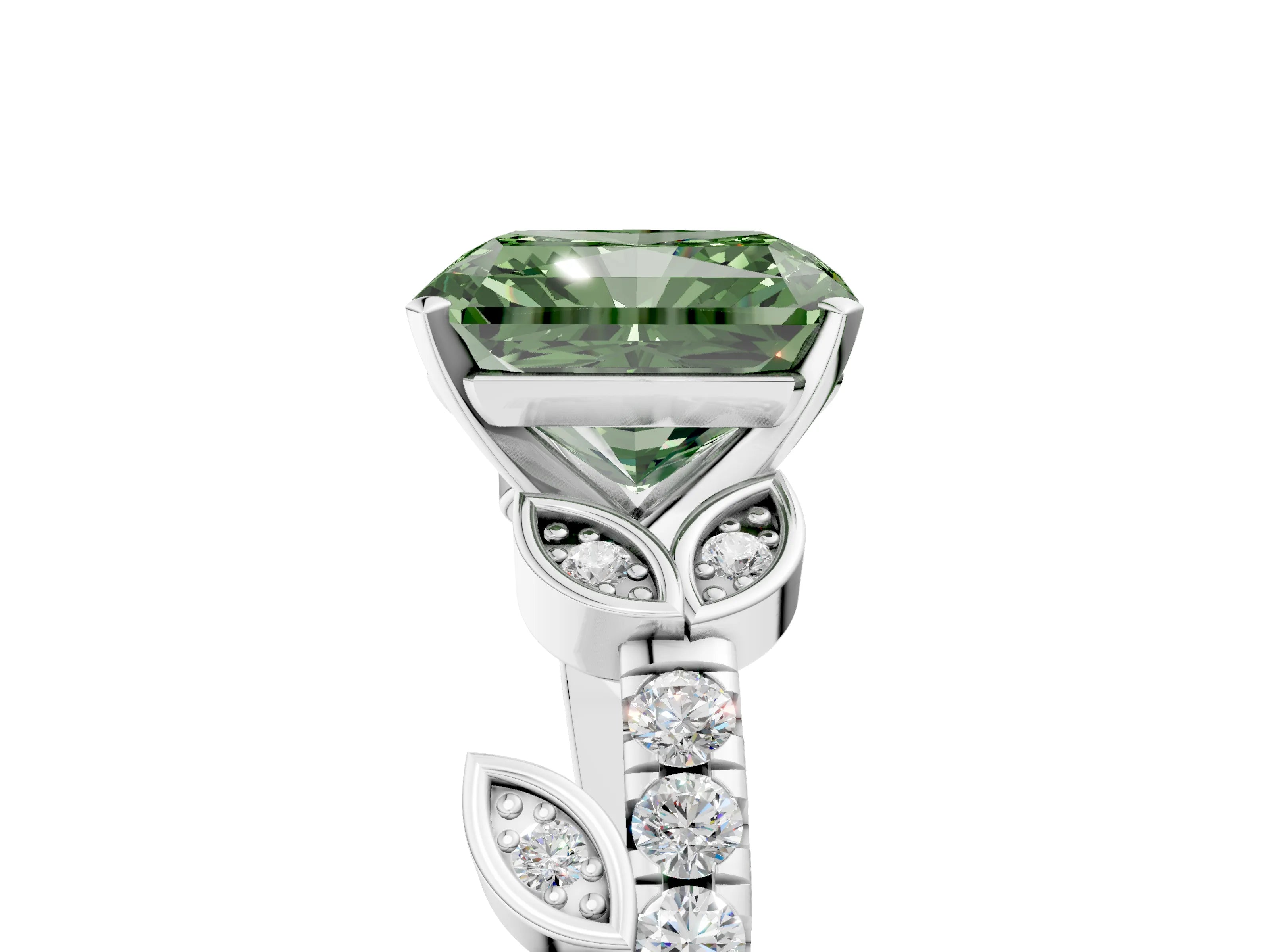 White gold Fancy Green Radiant Cut Solitaire Leaf-Inspired Diamond Ring with Pavé Band and Four-Prong Setting_17