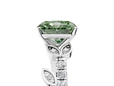 White gold Fancy Green Radiant Cut Solitaire Leaf-Inspired Diamond Ring with Pavé Band and Four-Prong Setting_17