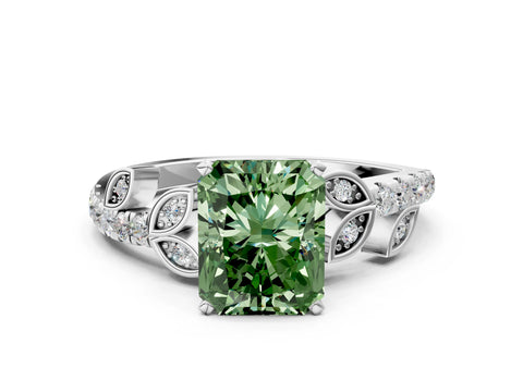 White gold Fancy Green Radiant Cut Solitaire Leaf-Inspired Diamond Ring with Pavé Band and Four-Prong Setting_24