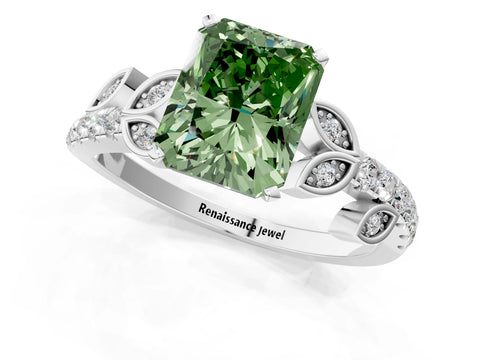 White gold Fancy Green Radiant Cut Solitaire Leaf-Inspired Diamond Ring with Pavé Band and Four-Prong Setting_25