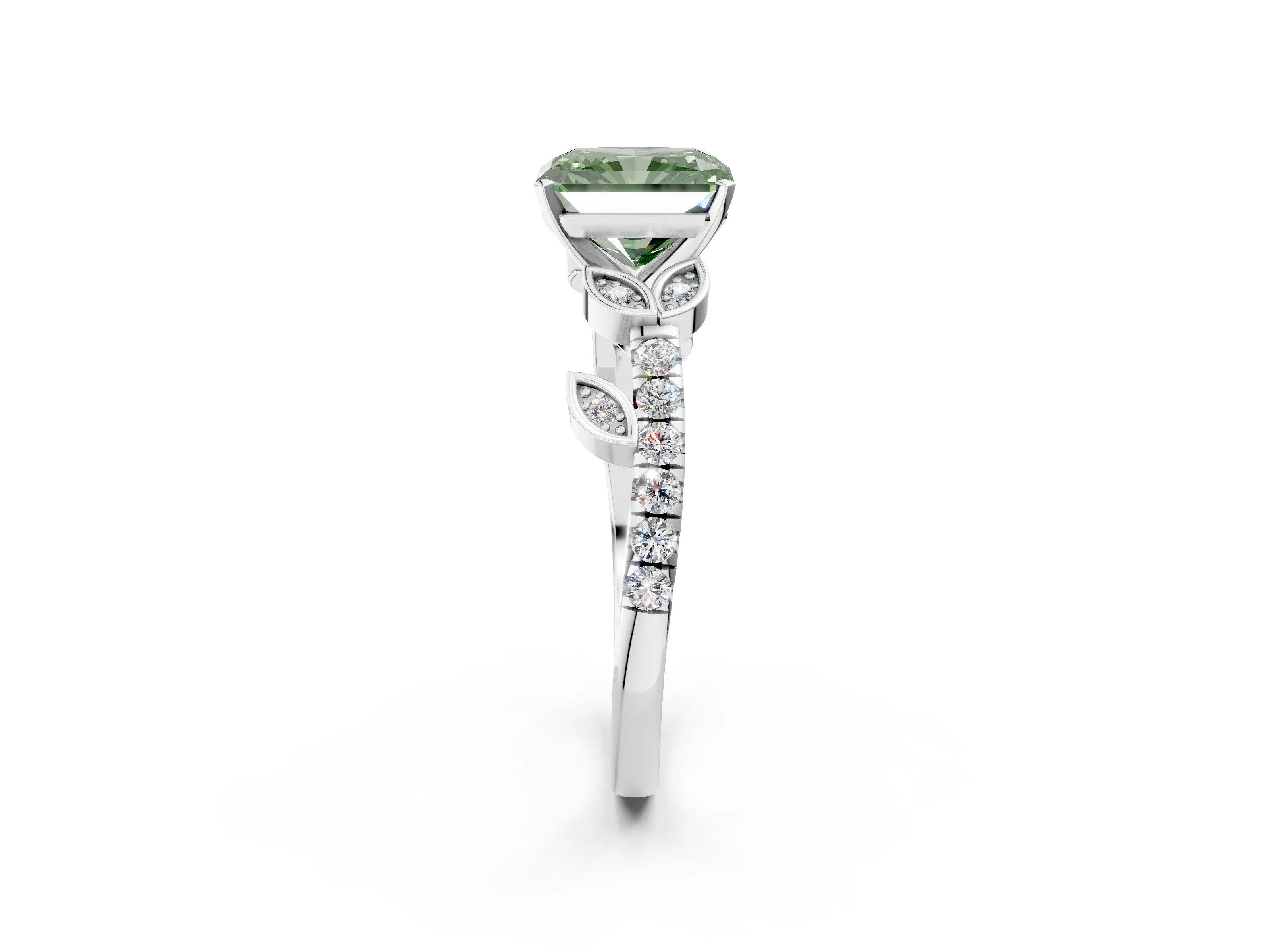 White gold Fancy Green Radiant Cut Solitaire Leaf-Inspired Diamond Ring with Pavé Band and Four-Prong Setting_26