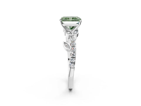 White gold Fancy Green Radiant Cut Solitaire Leaf-Inspired Diamond Ring with Pavé Band and Four-Prong Setting_26