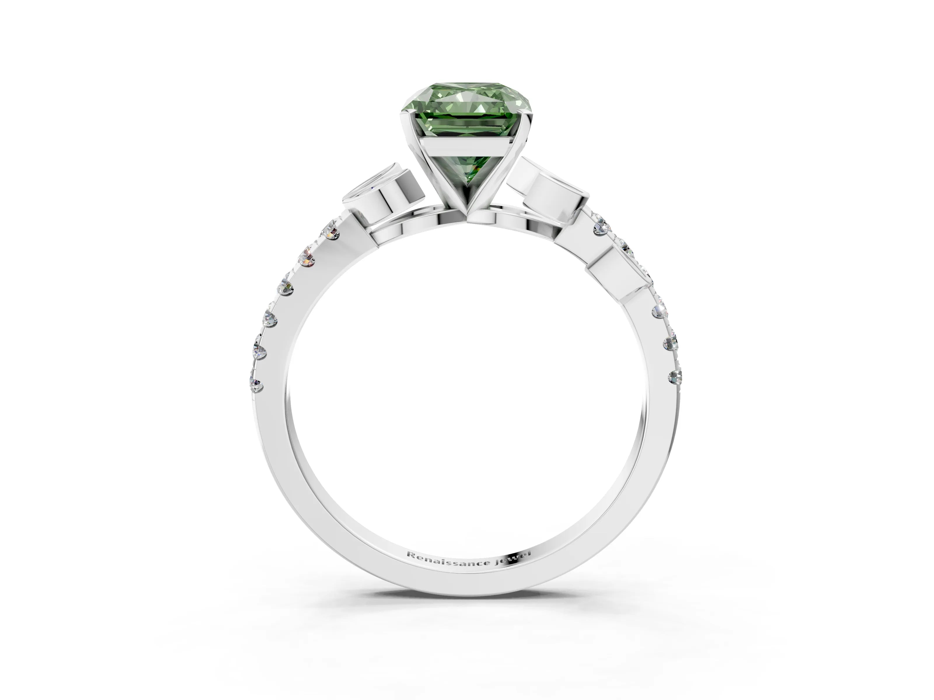 White gold Fancy Green Radiant Cut Solitaire Leaf-Inspired Diamond Ring with Pavé Band and Four-Prong Setting_27
